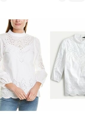 NWOT J Crew Mockneck Cotton Poplin Top With Embroidered Eyelet, Size L